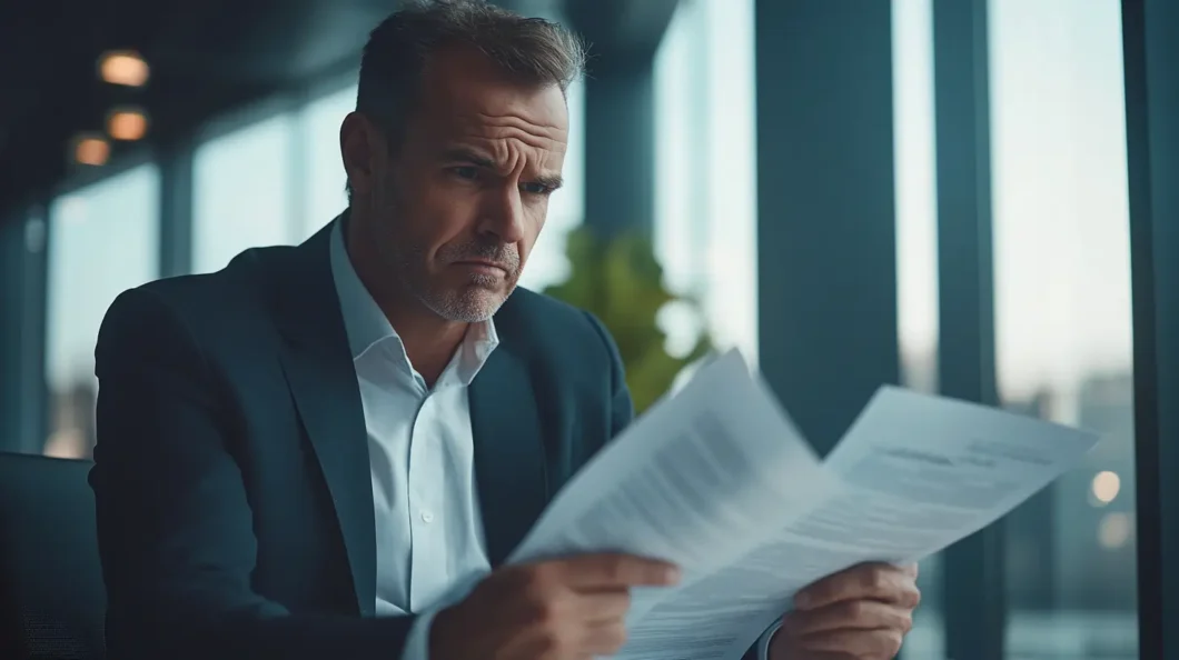 Zatroskany przedsiębiorca analizujący dokumenty w nowoczesnym biurze – niewypłacalność firmy i konsekwencje prawne