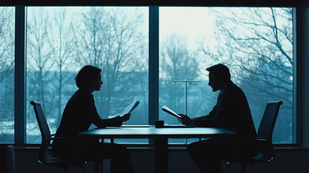 Przedsiębiorca chroniony przed egzekucją i wypowiedzeniem umowy, siedzący przy stole z doradcą restrukturyzacyjnym – ilustracja ochrony w postępowaniu układowym